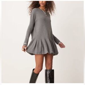 Time On My Side Free People Gray Ruffle-Hem Knit Mini Dress, L NWT